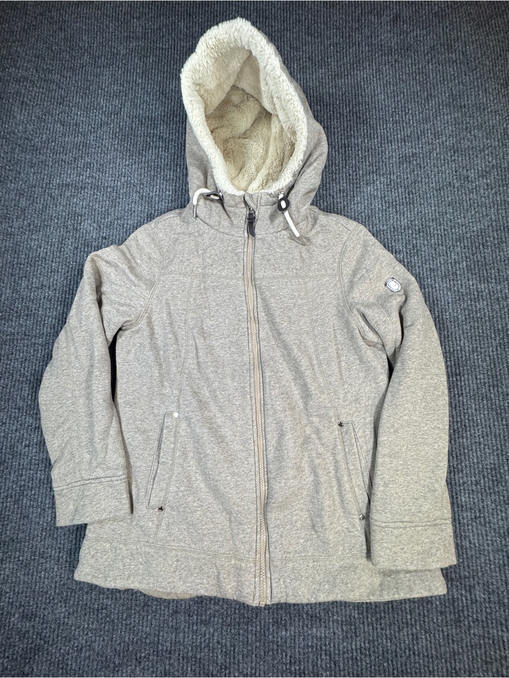 1 Madison Coat Womens Large Tan Sherpa Hood Expedition Hooded Zip Jacket 0385